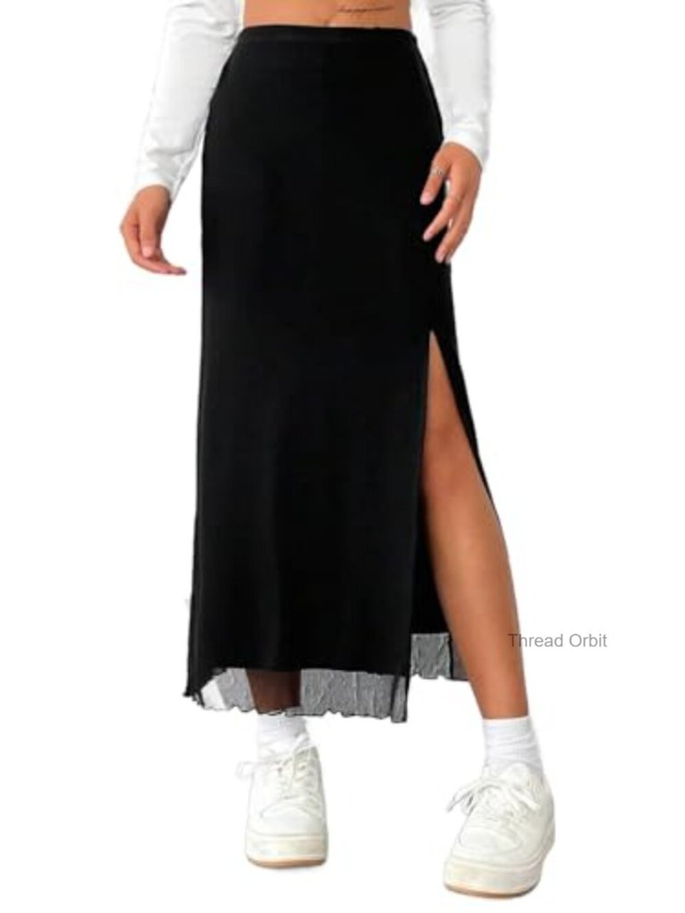 High Waisted Mesh Split Long Maxi Skirt with Side Slit